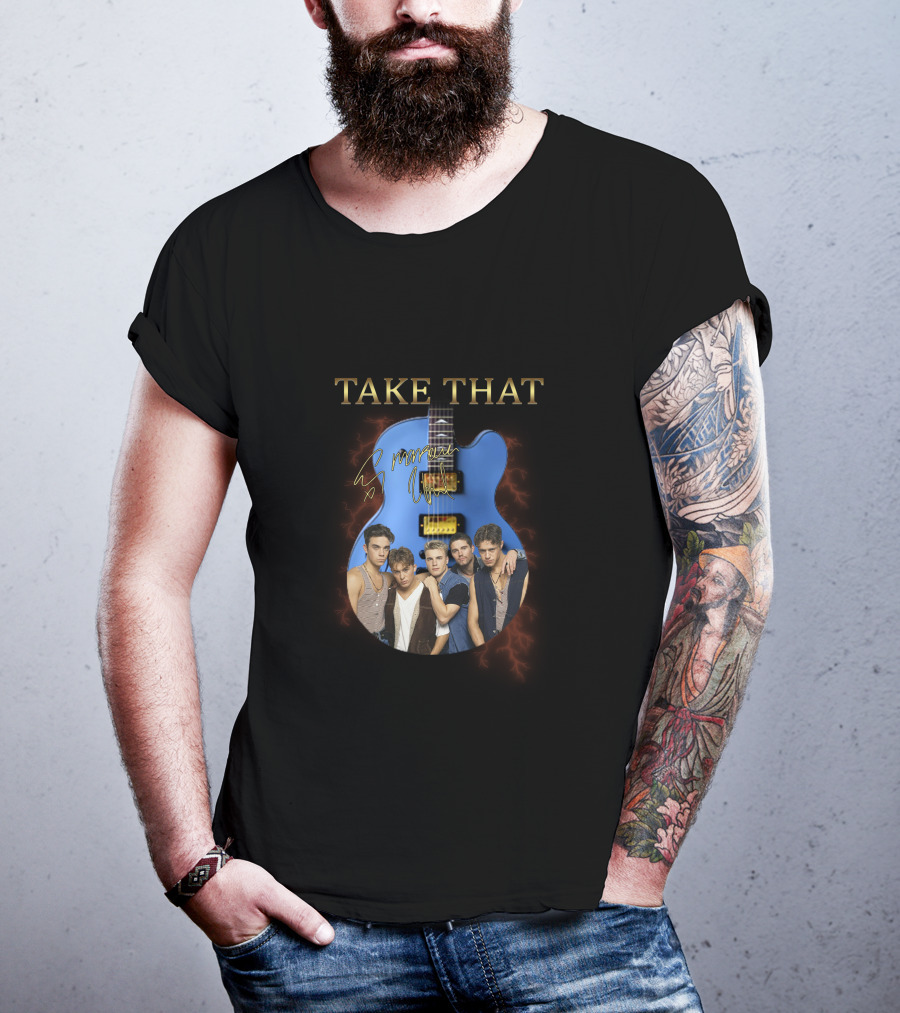 Take That Group Photo With Blue Guitar And Signatures T-Shirt