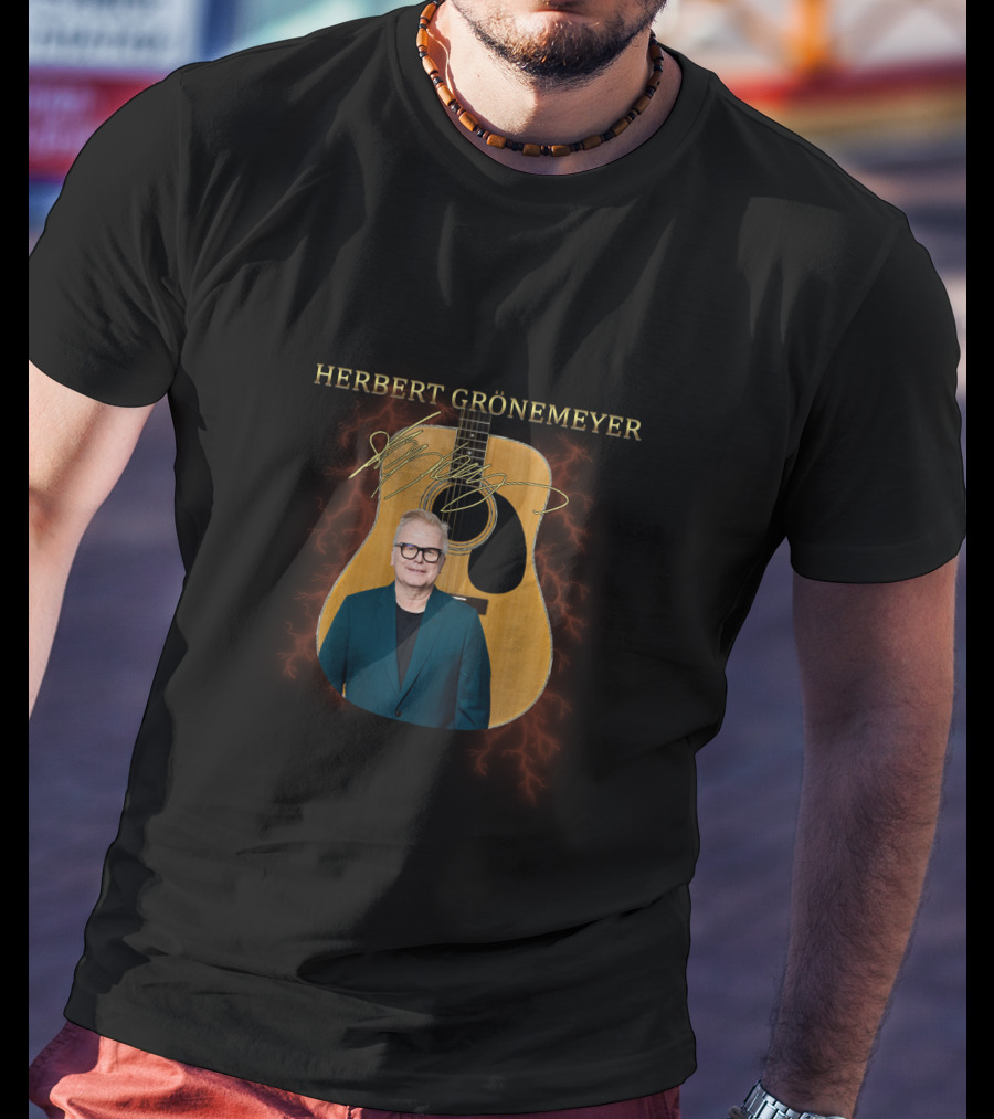 Herbert Grönemeyer Signature Guitar With Portrait And Lightning T-Shirt