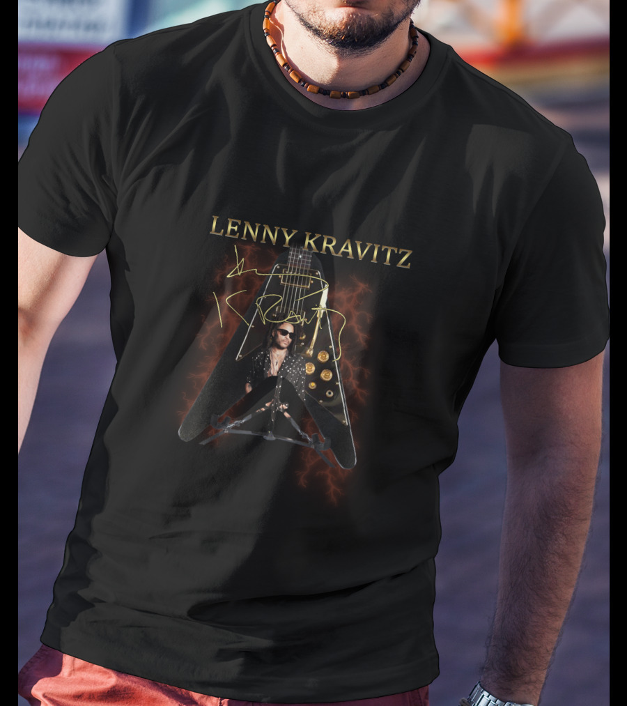 Lenny Kravitz Signature Guitar With Image And Signature In Electric Visual T-Shirt