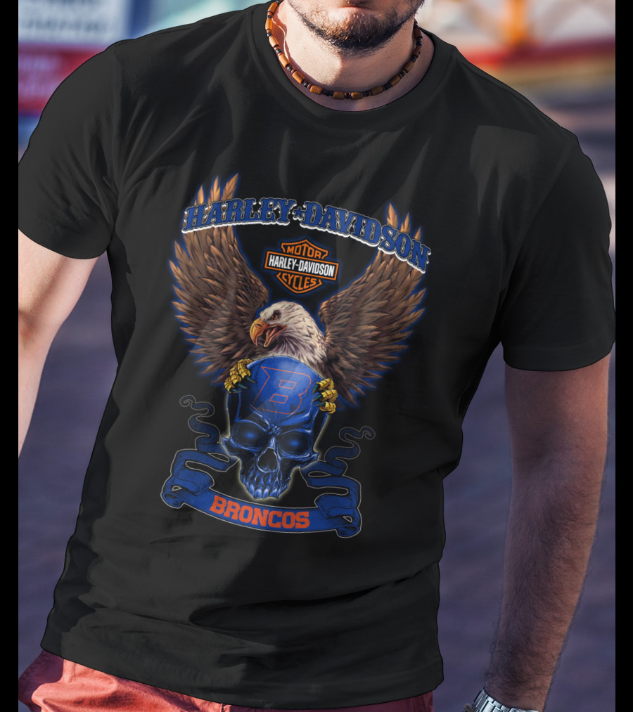 Harley Davidson Motor Cycles Eagle Skull Boise State Broncos T-Shirt