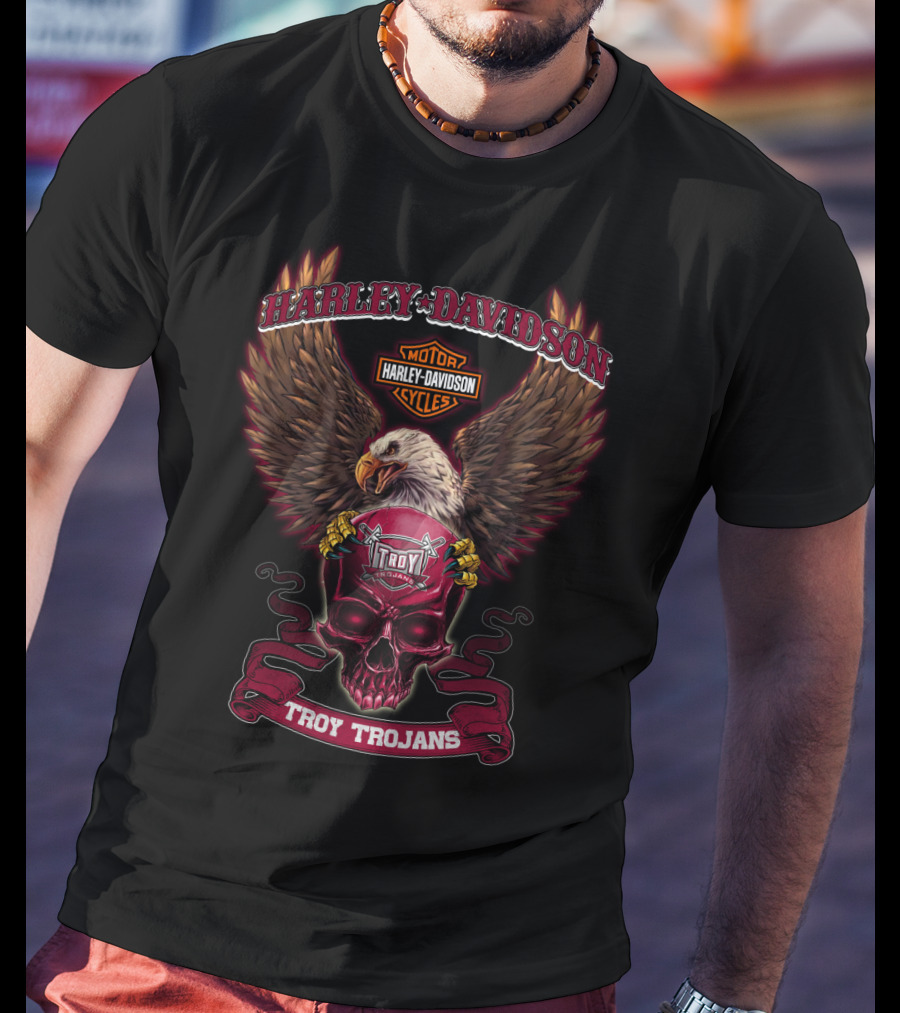 Harley Davidson Motor Cycles Troy Trojans Eagle Skull T-Shirt