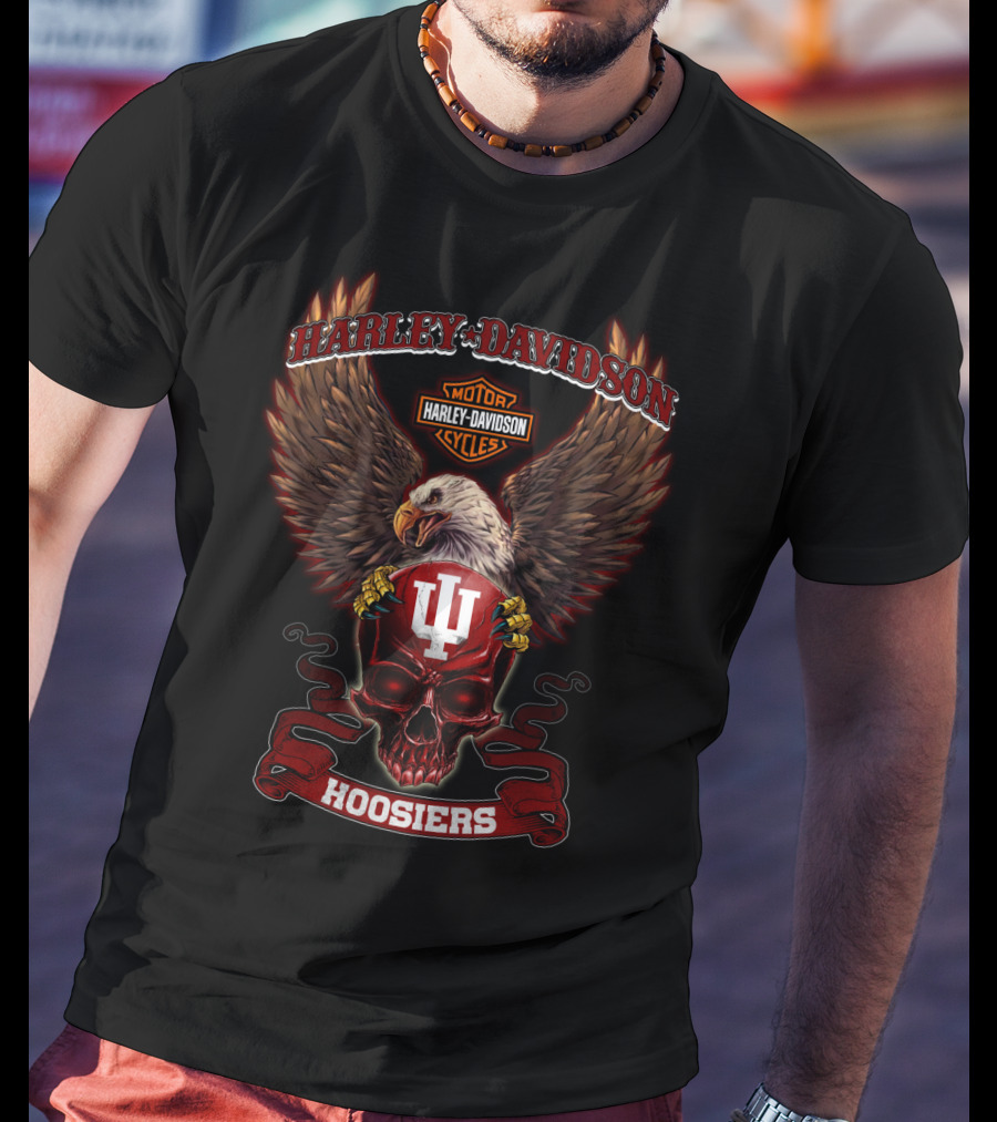 Harley Davidson Motor Cycles Eagle Indiana Hoosiers Iu Skull T-Shirt