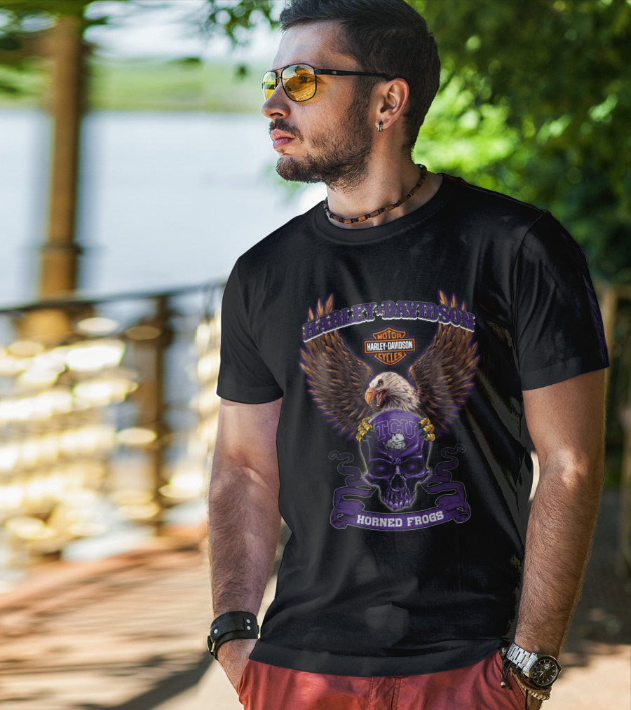Harley Davidson Motorcycles Tcu Horned Frogs Eagle Skull T-Shirt