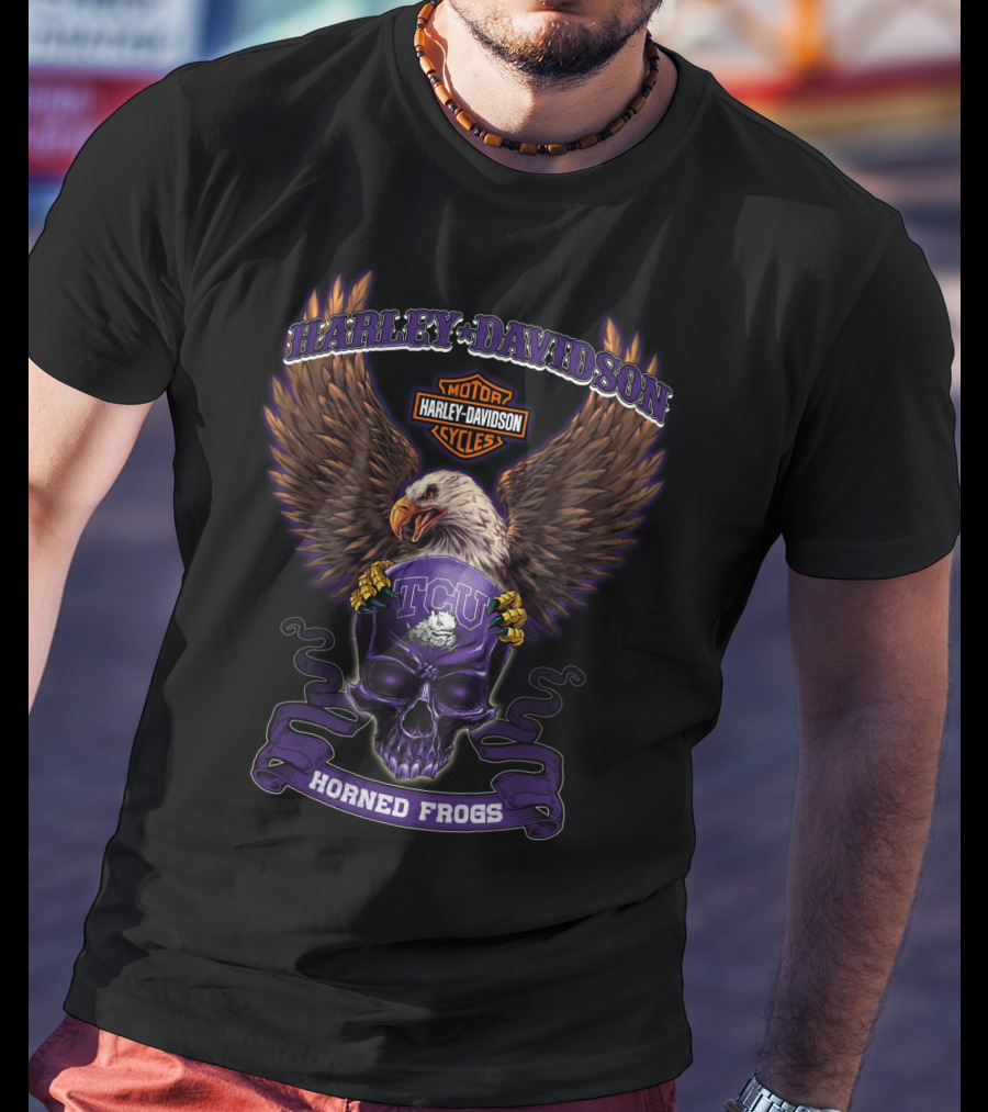 Harley Davidson Motorcycles Tcu Horned Frogs Eagle Skull T-Shirt
