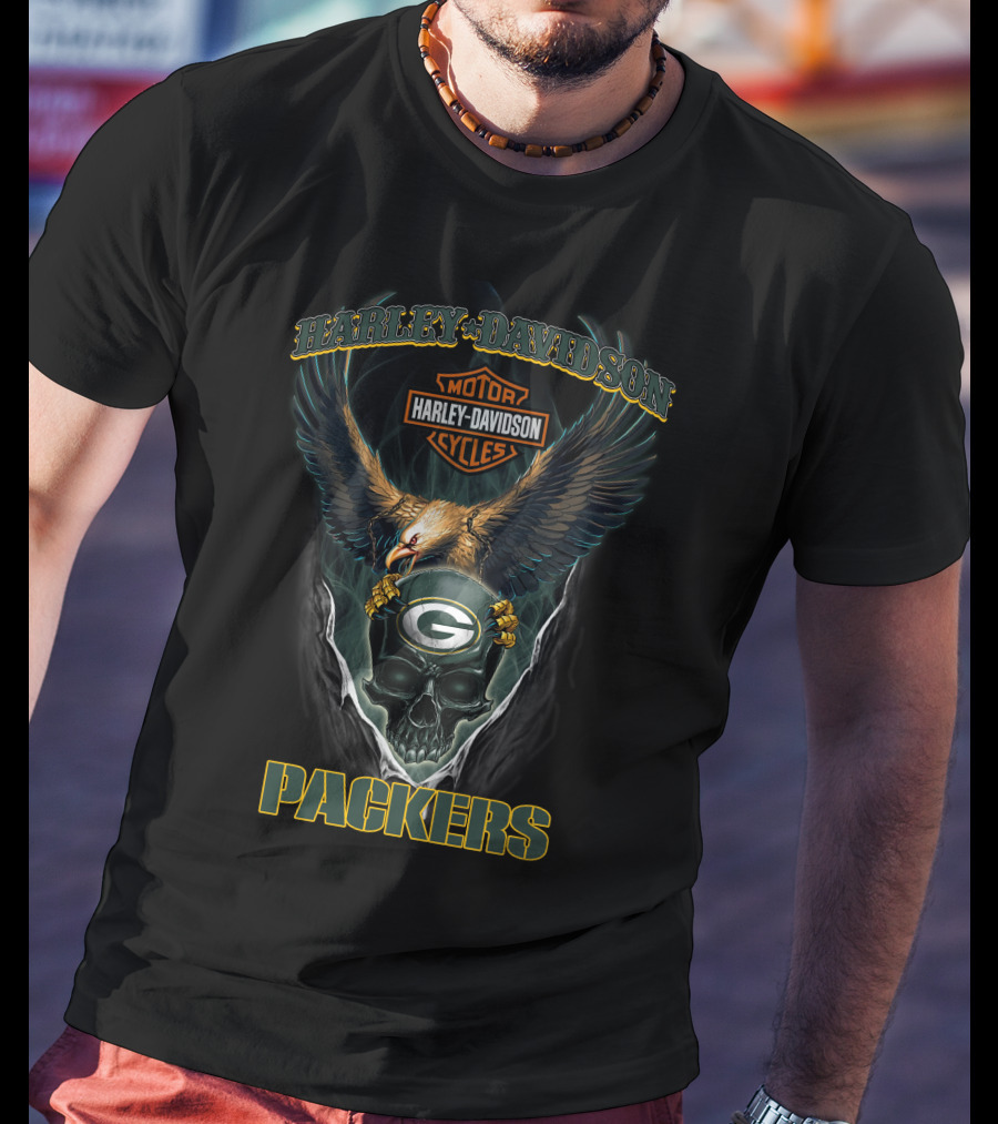 Harley Davidson Motor Cycles Packers Eagle Skulls Green Bay T-Shirt