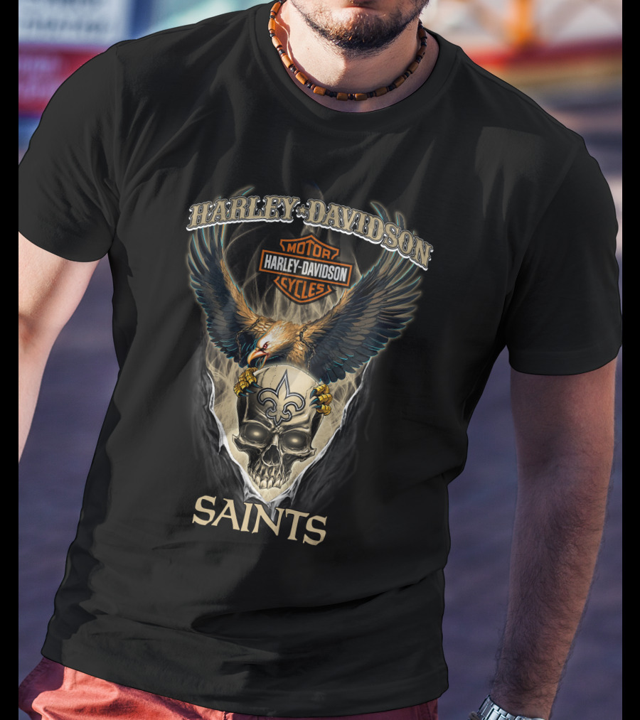 Harley Davidson Motor Cycles Eagle Skull New Orleans Saints T-Shirt