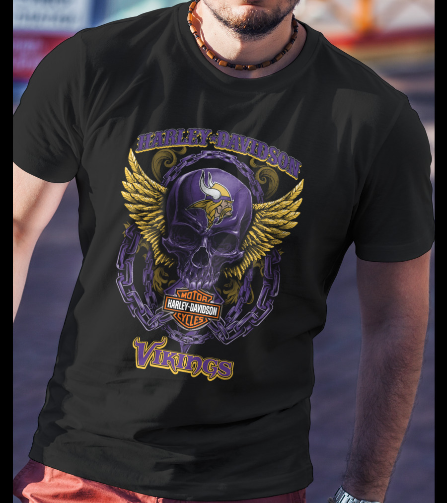 Harley Davidson Minnesota Vikings Skull With Wings And Chains T-Shirt