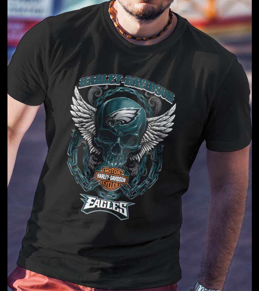 Harley Davidson Philadelphia Eagles Motorcycles Winged Skull T-Shirt