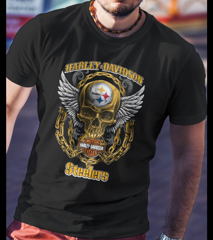Harley Davidson Motor Cycles Steelers Skull Winged Chain T-Shirt