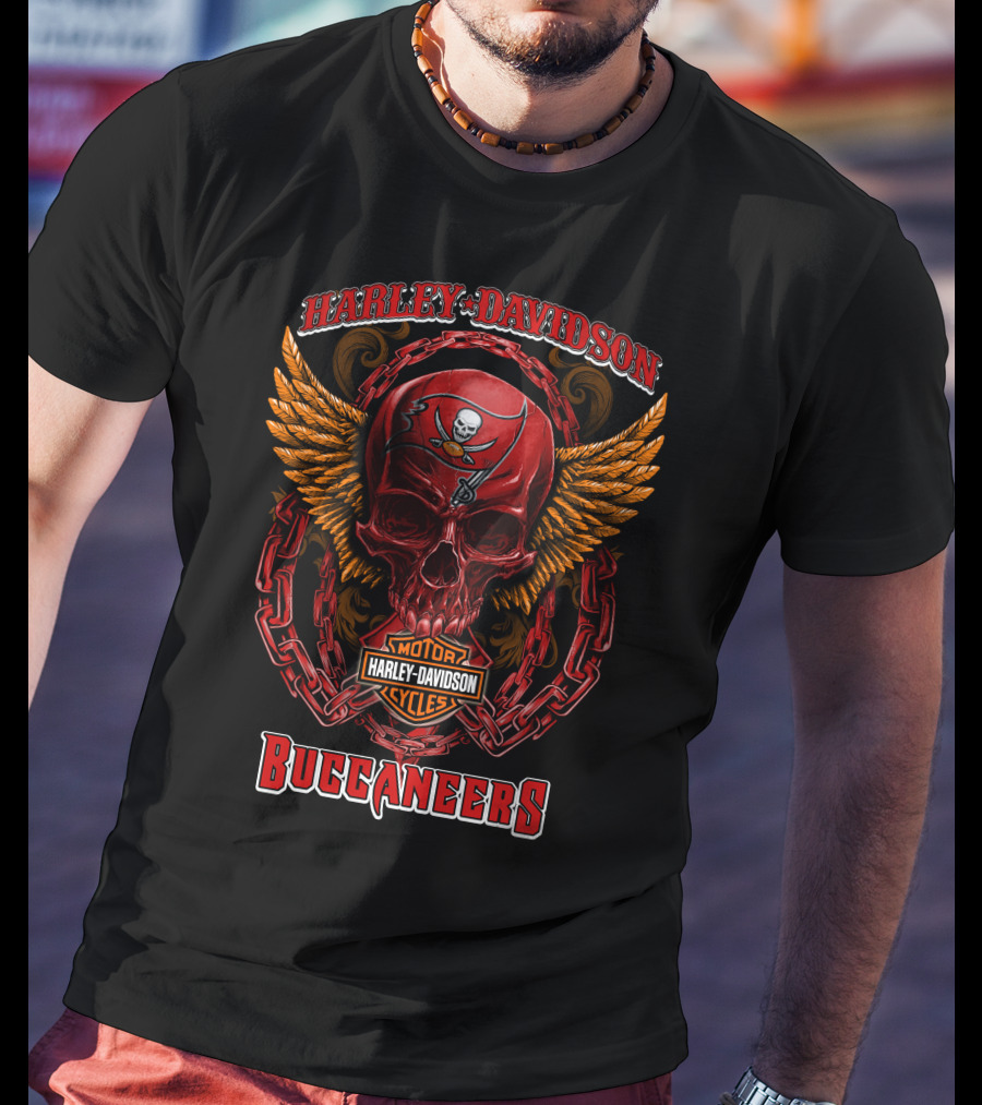 Harley Davidson Motorcycles Buccaneers Skull Logo Wings Chains T-Shirt