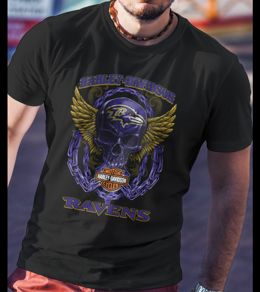 Harley Davidson Baltimore Ravens Skull Wing Motor Cycles T-Shirt