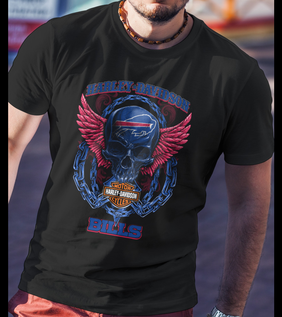 Harley Davidson Buffalo Bills Motor Cycles Skull Wings T-Shirt