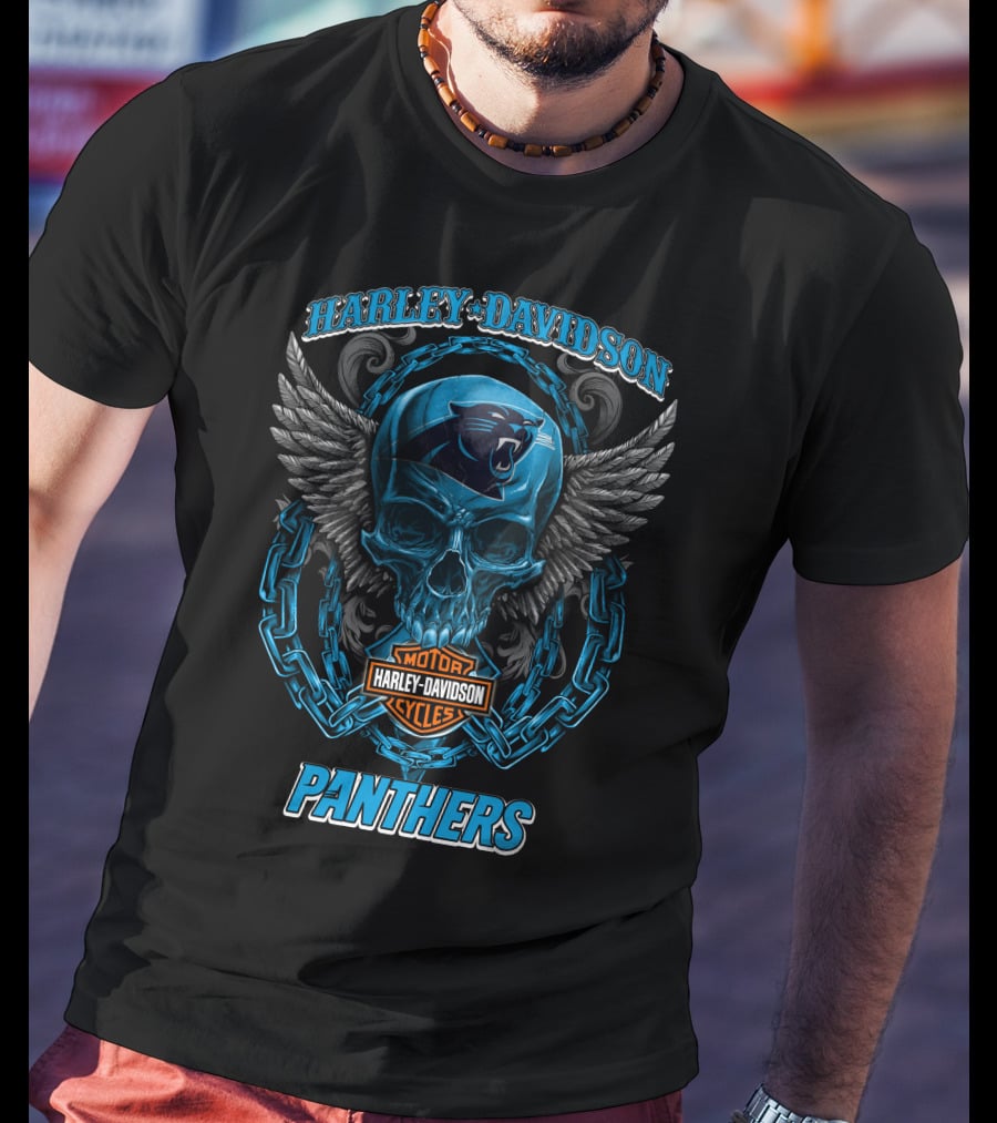 Harley Davidson Carolina Panthers Motorcycles Skull And Wings T-Shirt