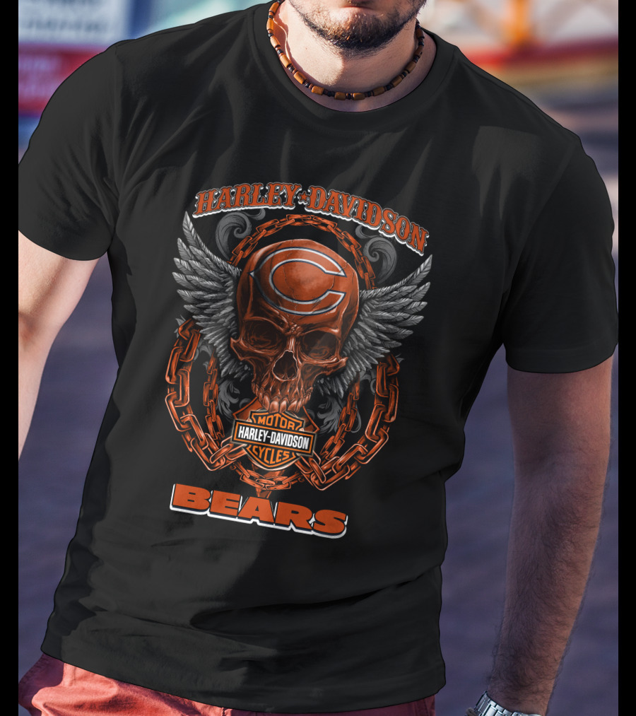 Harley Davidson Chicago Bears Skull With Chains And Wings T-Shirt