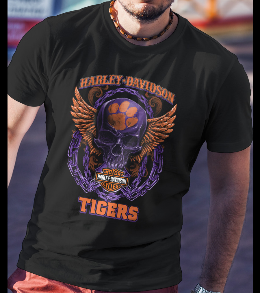 Harley Davidson Tigers Skull With Clemson Paw Logo And Wings T-Shirt