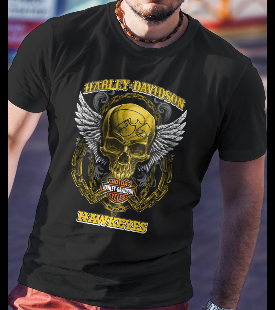 Harley Davidson Motor Cycles Skull Hawkeyes Iowa T-Shirt