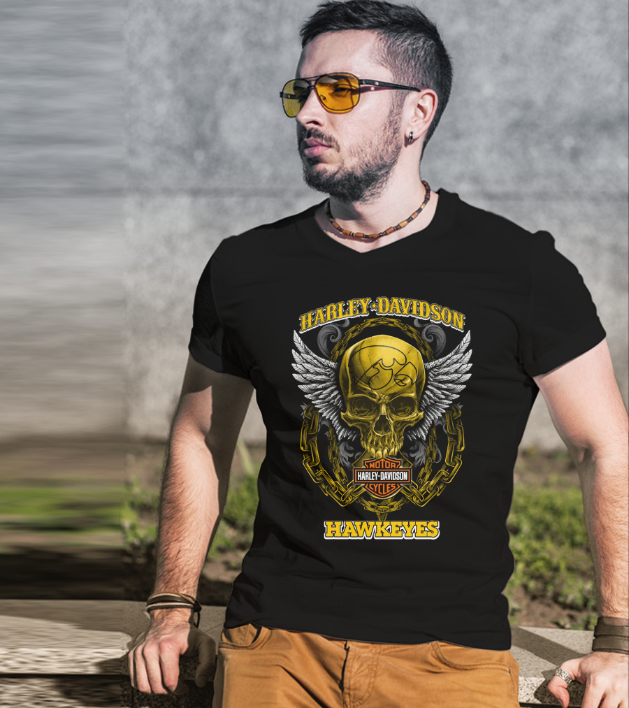 Harley Davidson Motor Cycles Skull Hawkeyes Iowa T-Shirt