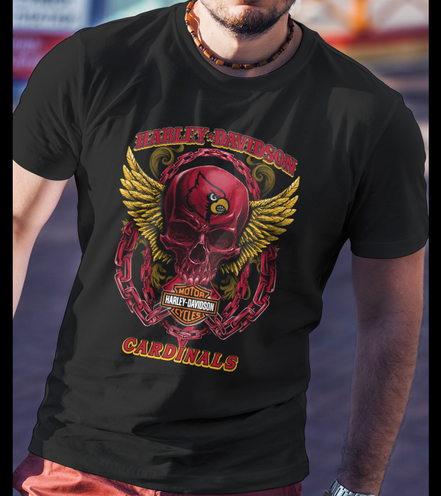 Harley Davidson Motor Cycles Cardinals Skull With Wings And Chains T-Shirt