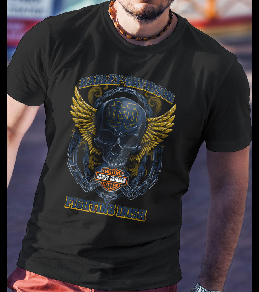 Harley Davidson Notre Dame Fighting Irish Skull Wings T-Shirt