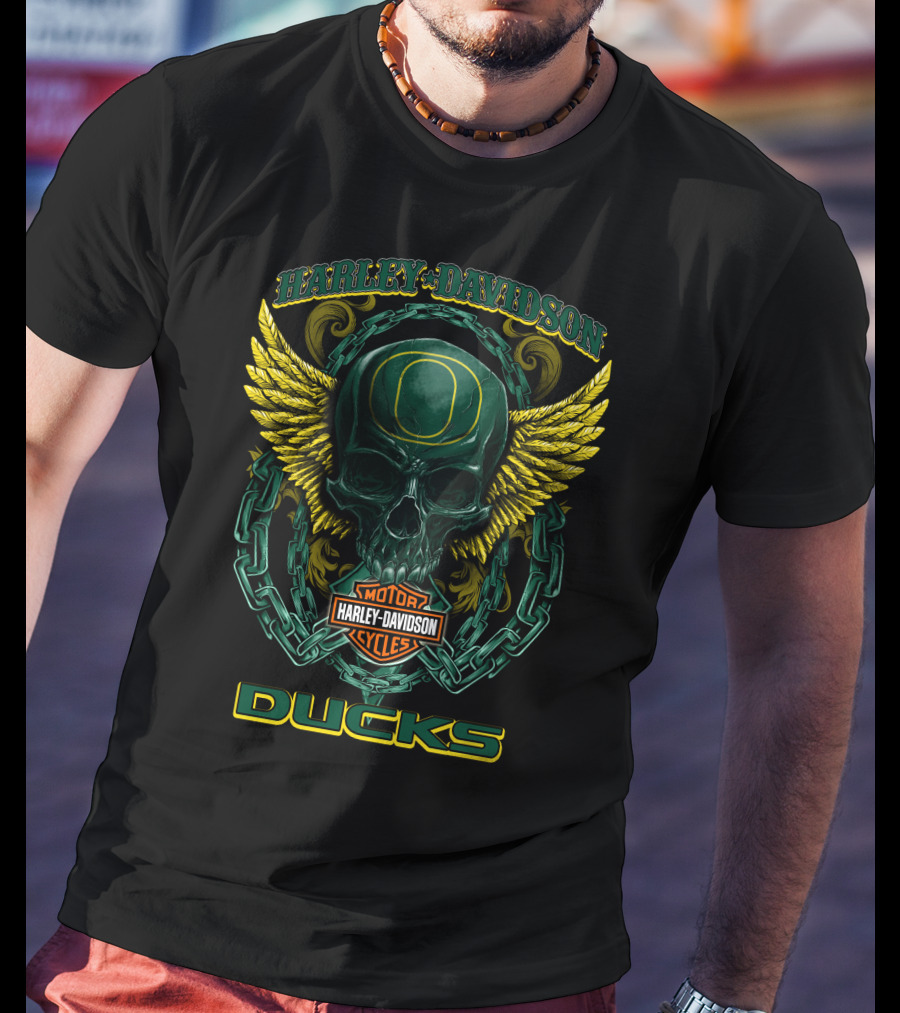 Harley Davidson Motorcycles Oregon Ducks Skull Wing T-Shirt