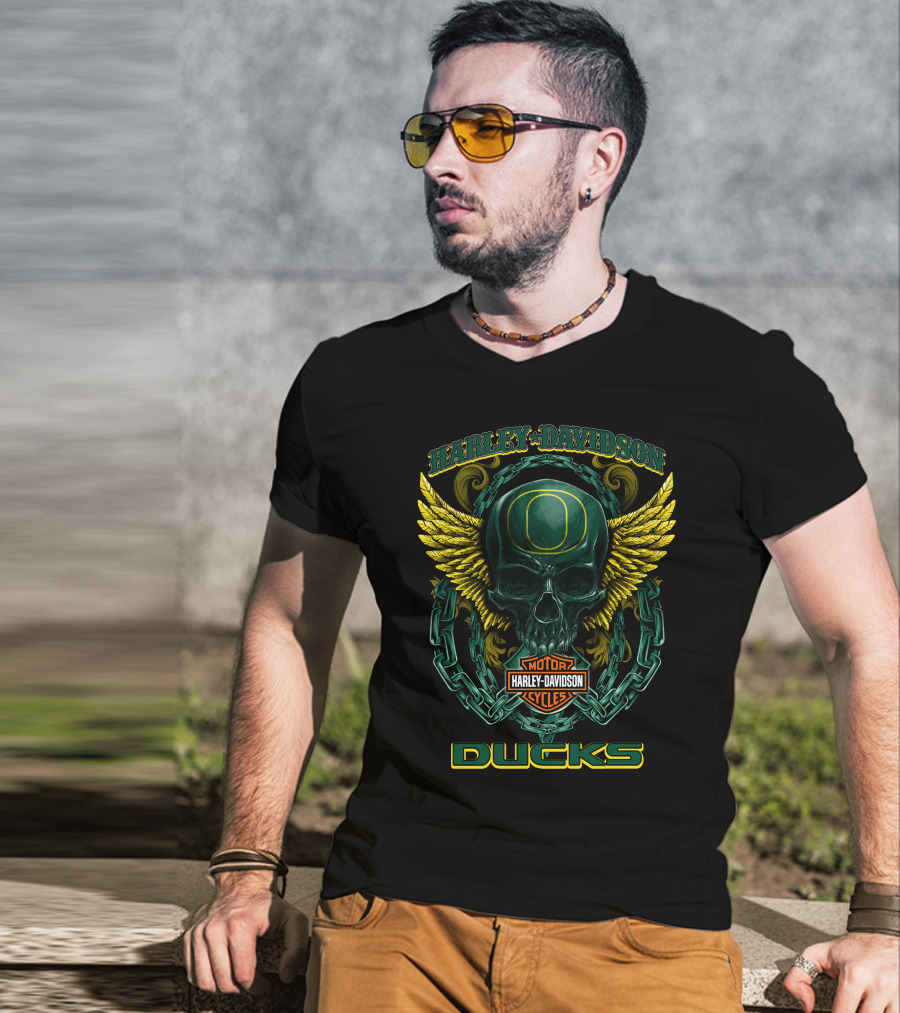 Harley Davidson Motorcycles Oregon Ducks Skull Wing T-Shirt