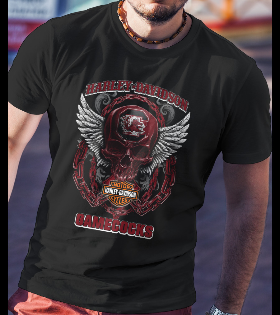 Harley Davidson South Carolina Gamecocks Motorcycles Skull Wings Chains T-Shirt