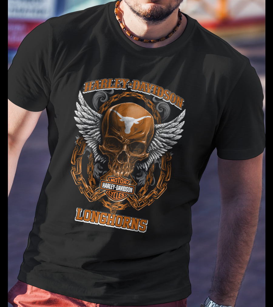 Harley Davidson Longhorns Motorcycles Skull And Wings T-Shirt