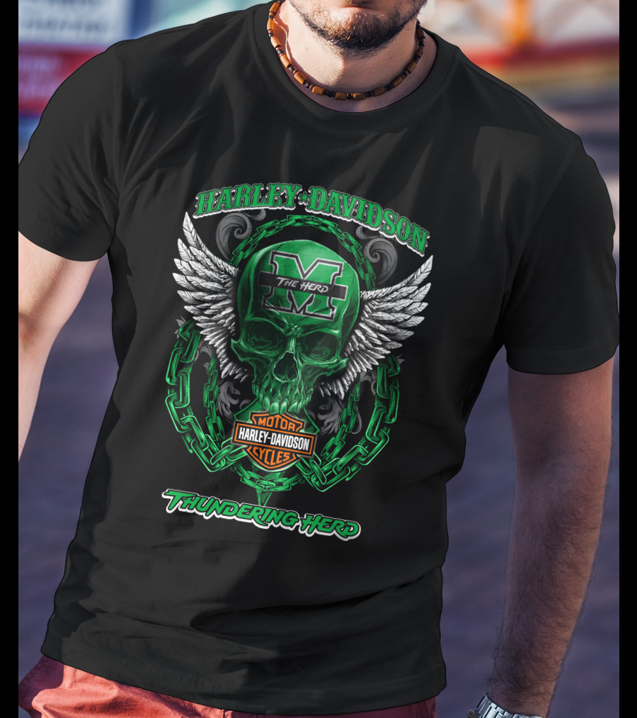 Harley Davidson Marshall Thundering Herd The Herd Skull Wings Motor Cycles T-Shirt