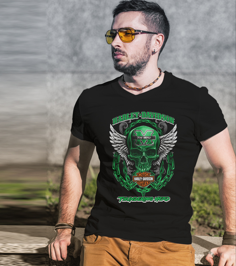 Harley Davidson Marshall Thundering Herd The Herd Skull Wings Motor Cycles T-Shirt