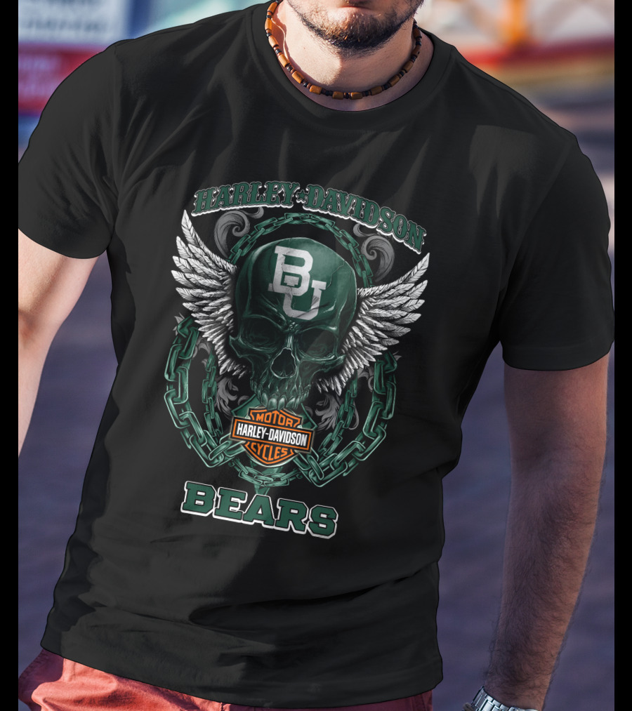 Baylor Bears Harley Davidson Bu Skull Wings Motorcycles T-Shirt