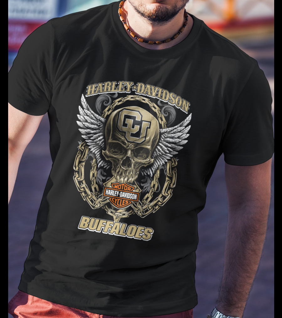Harley Davidson Colorado Buffaloes Cu Skull Wing Chain T-Shirt