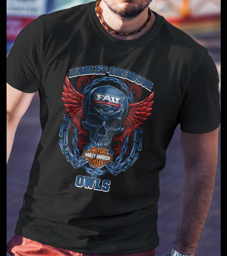 Harley Davidson Florida Atlantic Fau Owls Skull And Wings T-Shirt