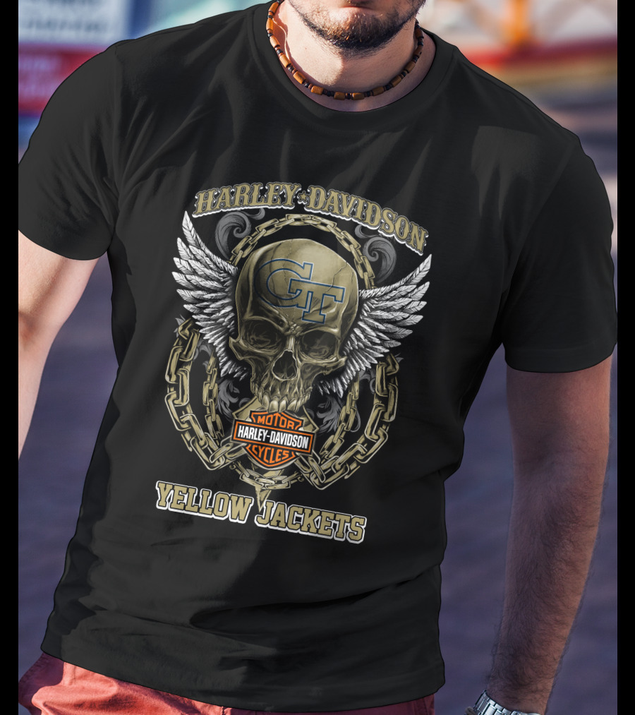 Harley Davidson Georgia Tech Gt Yellow Jackets Skull Wings Chains T-Shirt