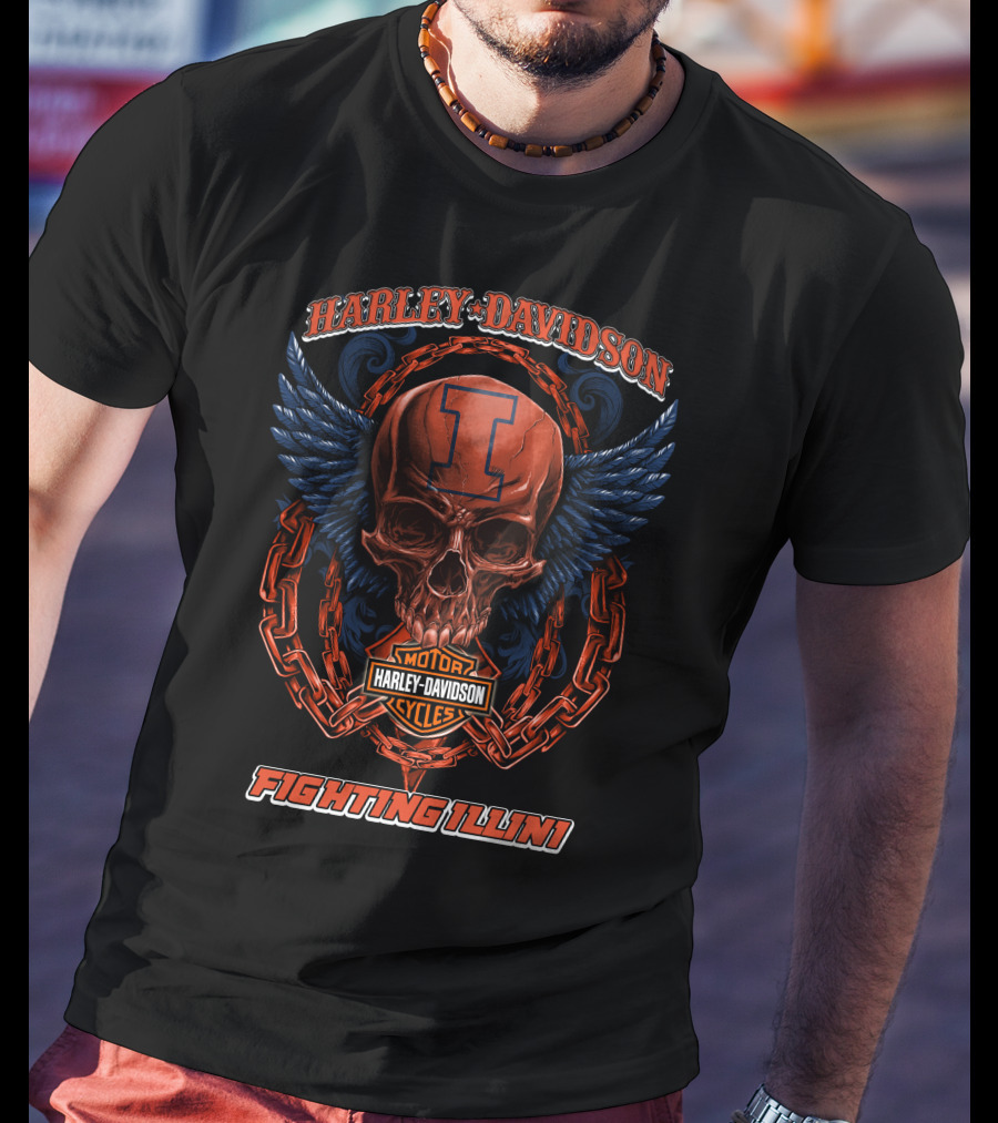 Harley Davidson Motorcycles Illinois Fighting Illini Skull With Wings T-Shirt
