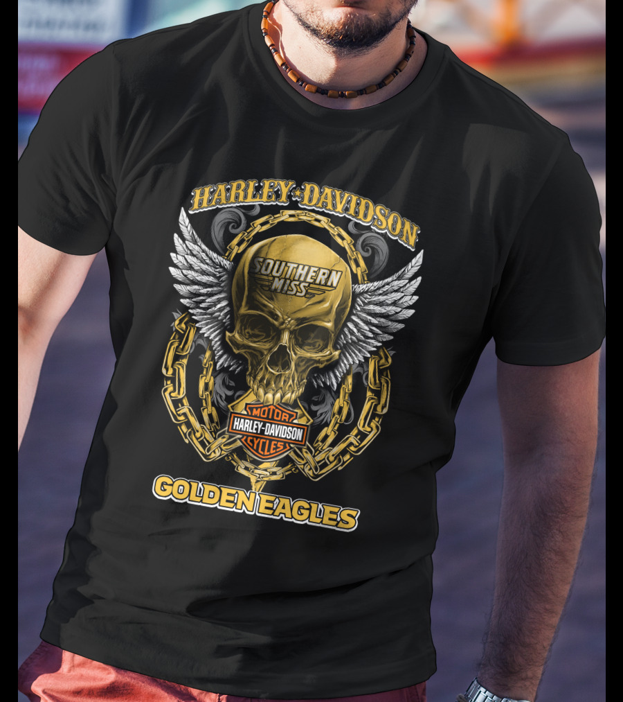 Harley Davidson Southern Miss Golden Eagles Motor Cycles Skull Wings Chains T-Shirt