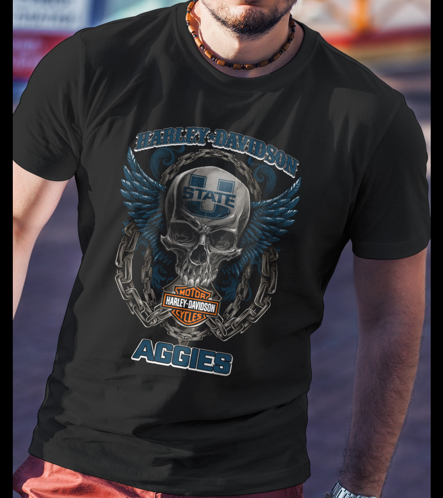 Harley Davidson Utah State Aggies Football Skull With Wings And Chains T-Shirt