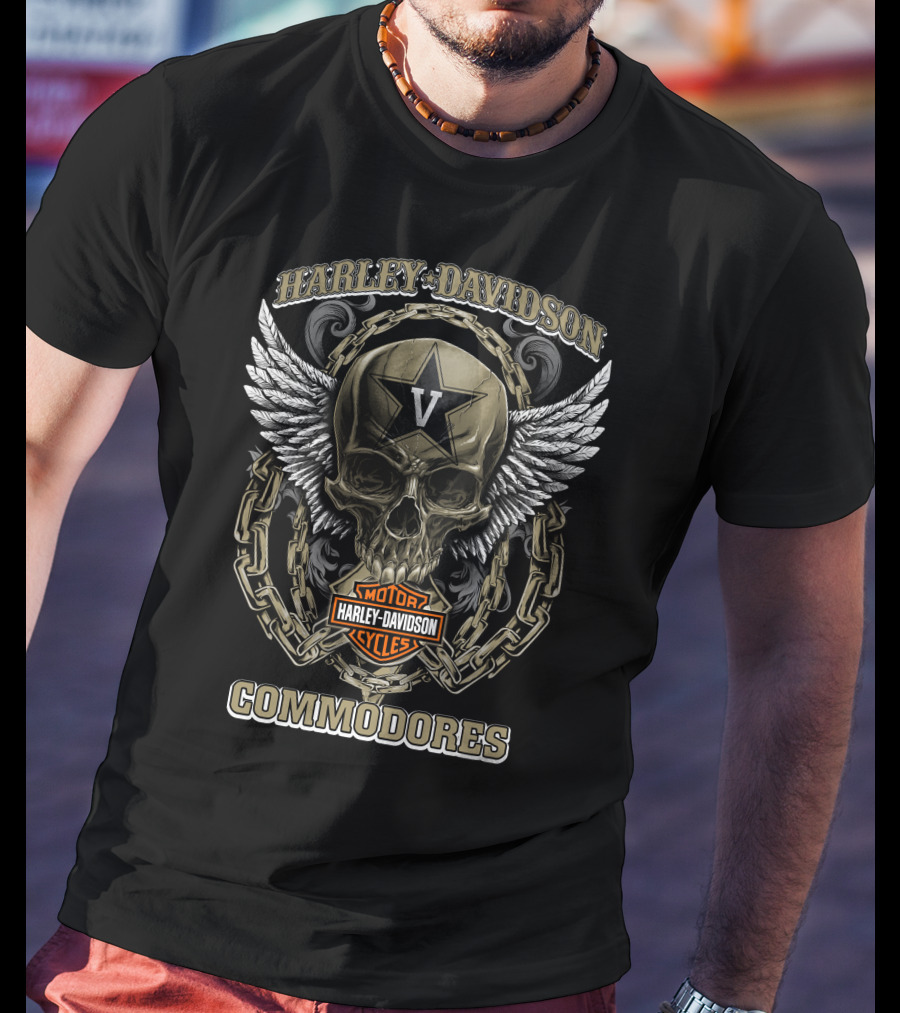 Harley Davidson Motor Cycles Vanderbilt Commodores Skull Wings Chain T-Shirt