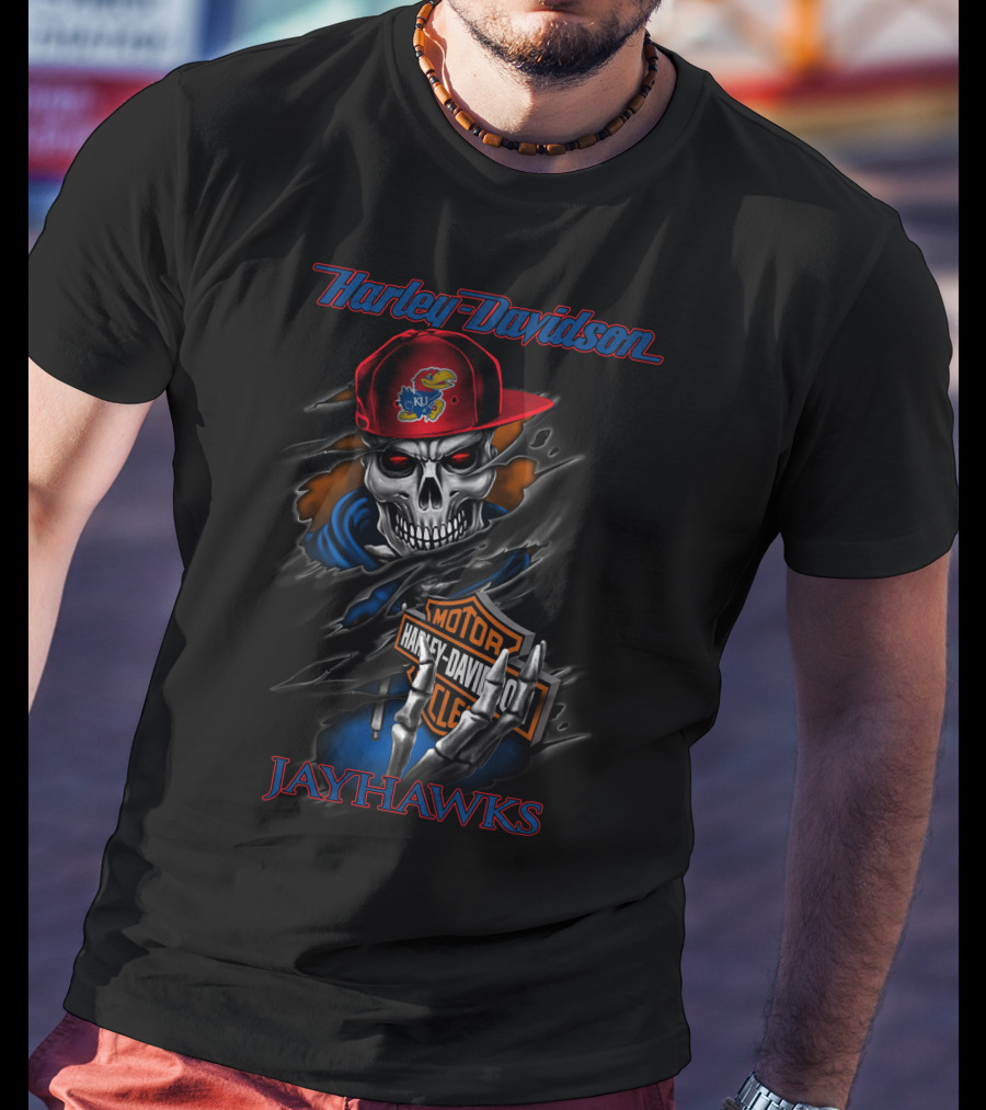 Harley Davidson Kansas Jayhawks Skeleton With Motor Harley Davidson Cycle T-Shirt
