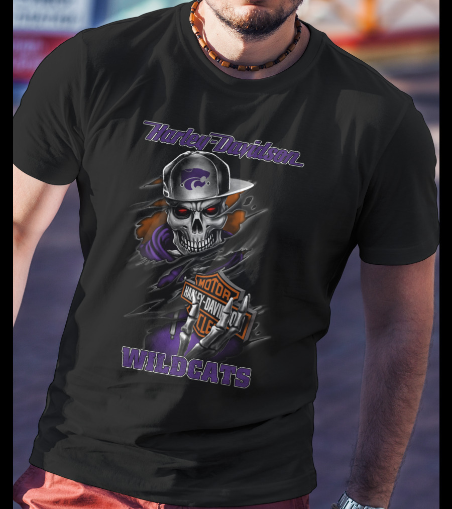 Harley Davidson Wildcats Kansas State Skull Theme T-Shirt