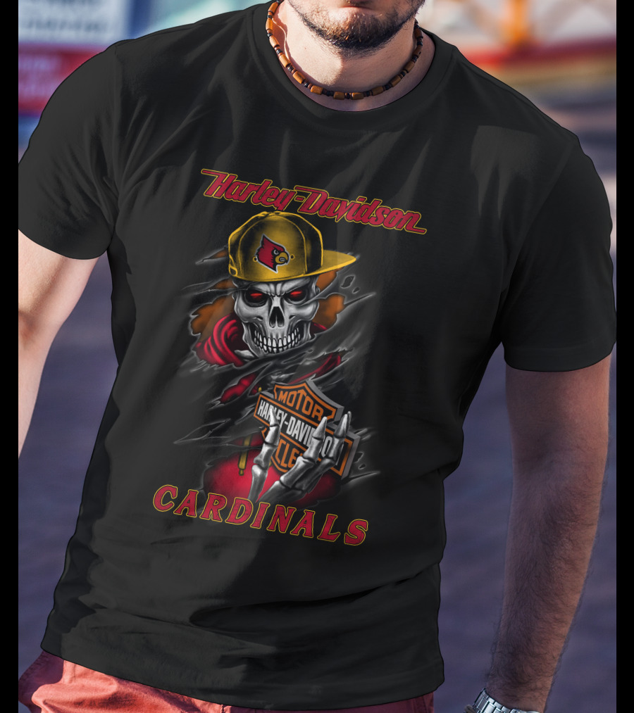 Harley Davidson Louisville Cardinals Skeleton In Cap T-Shirt