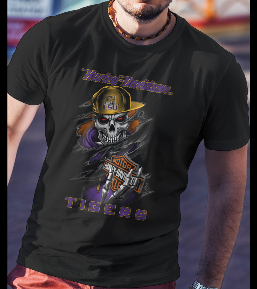 Harley Davidson Lsu Tigers Skeleton Hoodie T-Shirt