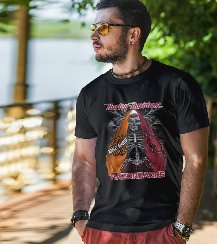 Harley Davidson Razorbacks Motorcycle Skeleton Lightning T-Shirt