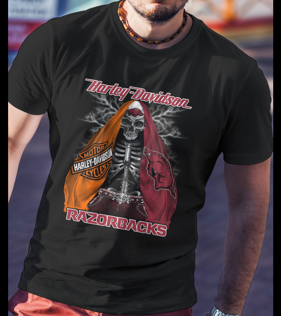 Harley Davidson Razorbacks Motorcycle Skeleton Lightning T-Shirt