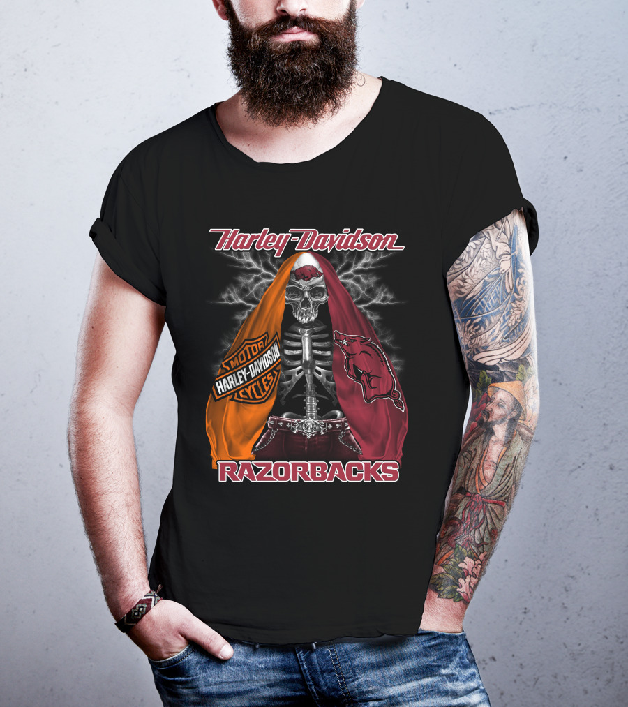 Harley Davidson Razorbacks Motorcycle Skeleton Lightning T-Shirt