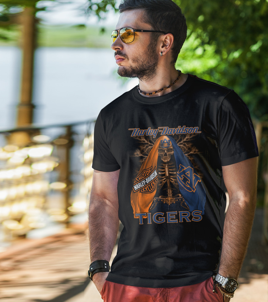 Harley Davidson Auburn Tigers Skeleton Dual Flag T-Shirt