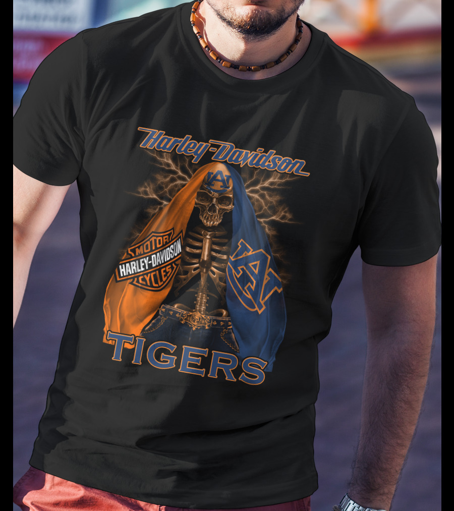 Harley Davidson Auburn Tigers Skeleton Dual Flag T-Shirt