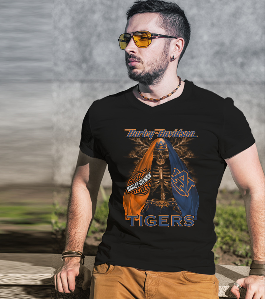 Harley Davidson Auburn Tigers Skeleton Dual Flag T-Shirt