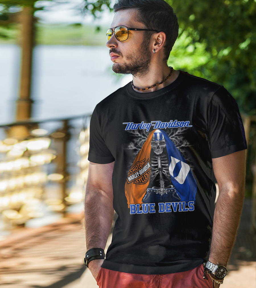 Harley Davidson Blue Devils Skeleton With Motor Cycles And Iconic Scarf T-Shirt