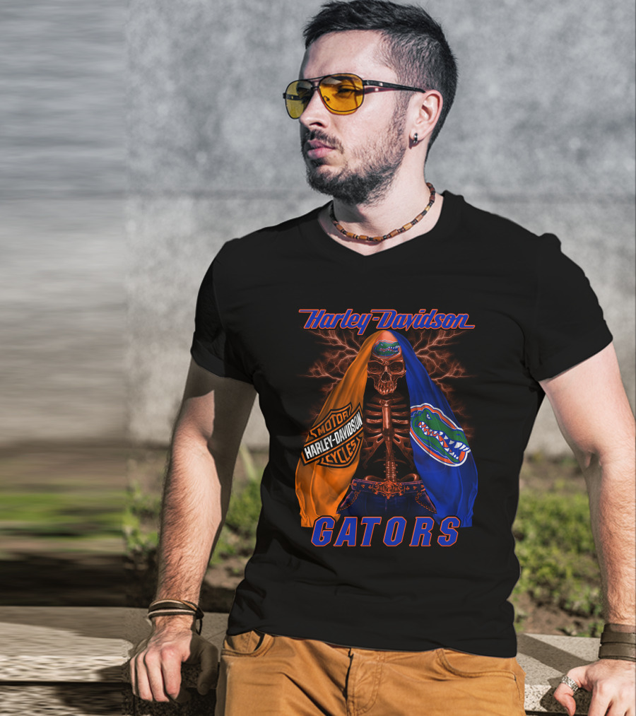 Harley Davidson Motorcycles Florida Gators Skull And Lightning T-Shirt