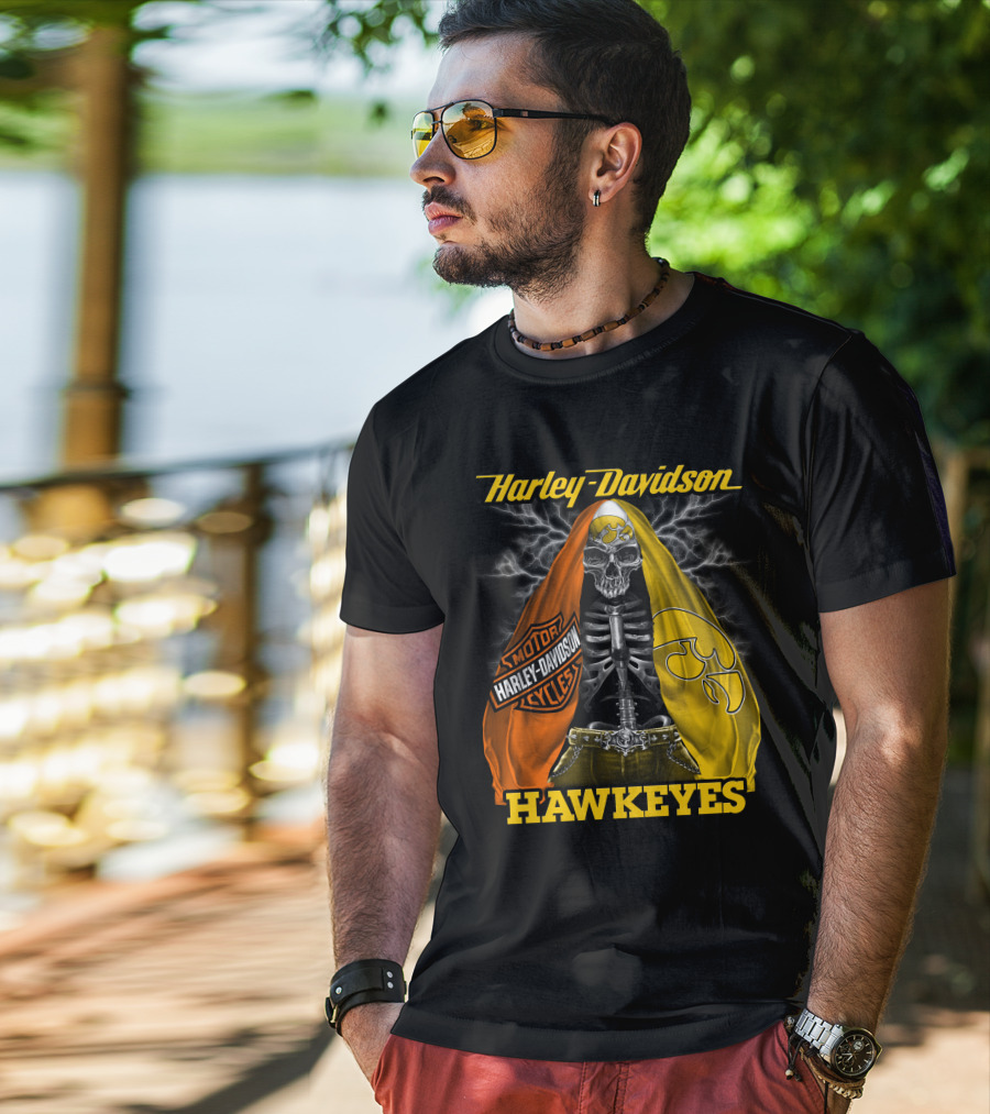 Harley Davidson Iowa Hawkeyes Skull Skeleton With Orange Yellow Flags And Hawkeyes T-Shirt